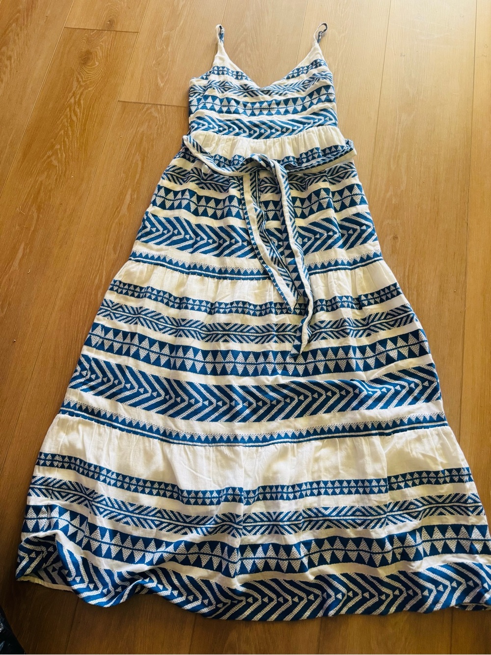 Blue & White Striped Tribal Print Maxi Dress with Tie Waist